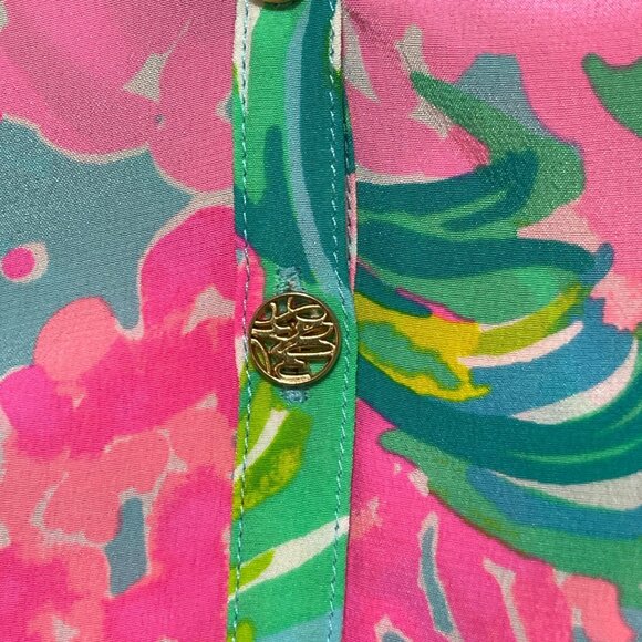 Lilly Pulitzer Elsa Popover Top Silk Size XL Pineapple Shake Pink Green - Picture 4 of 7
